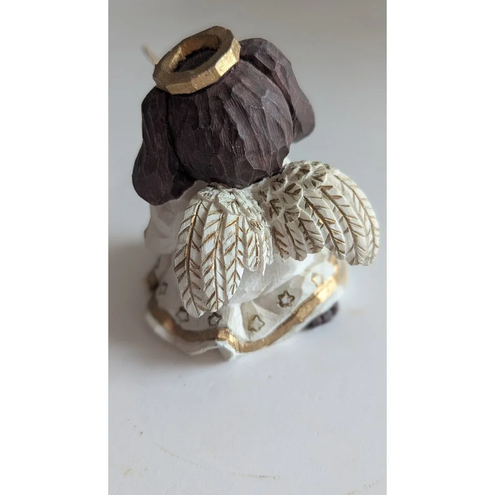 Christmas Dog Angel Figurine Brown White Gold Faux Wood Resin Puppy Decor 3.25in